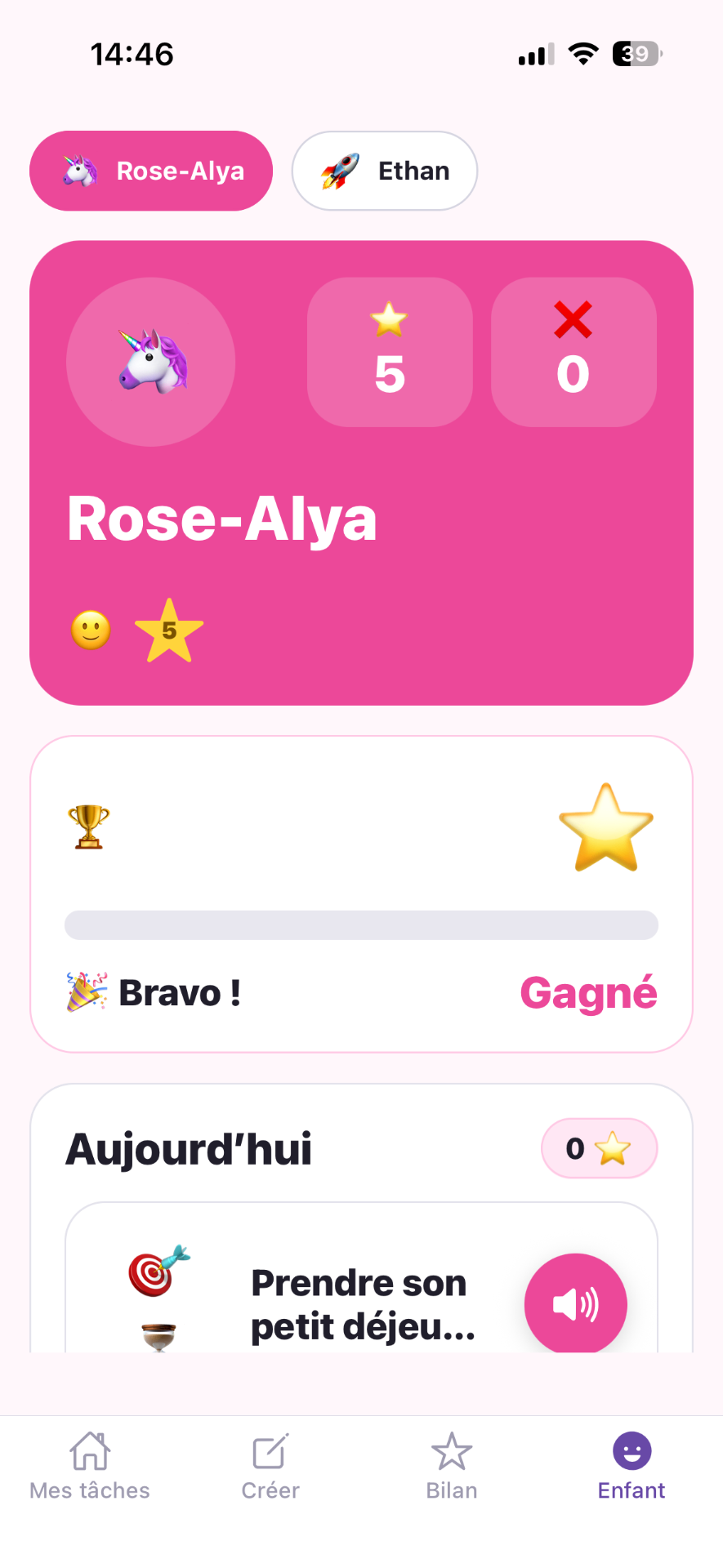 Aperçu de l'application Magic Program : profil enfant avec étoiles et récompenses