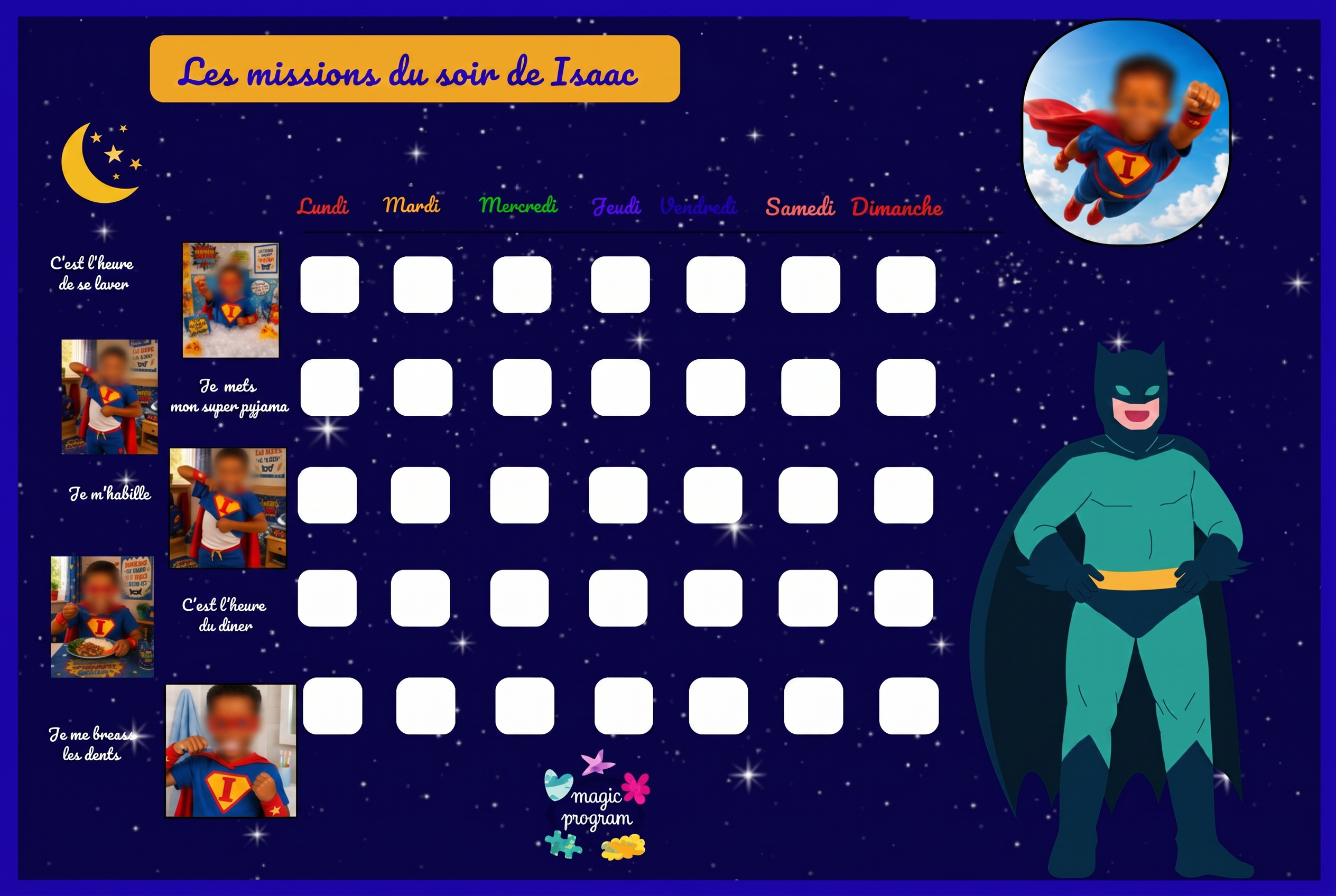 Programme magique du soir d'Isaac, univers super-héros (visages floutés pour confidentialité)
