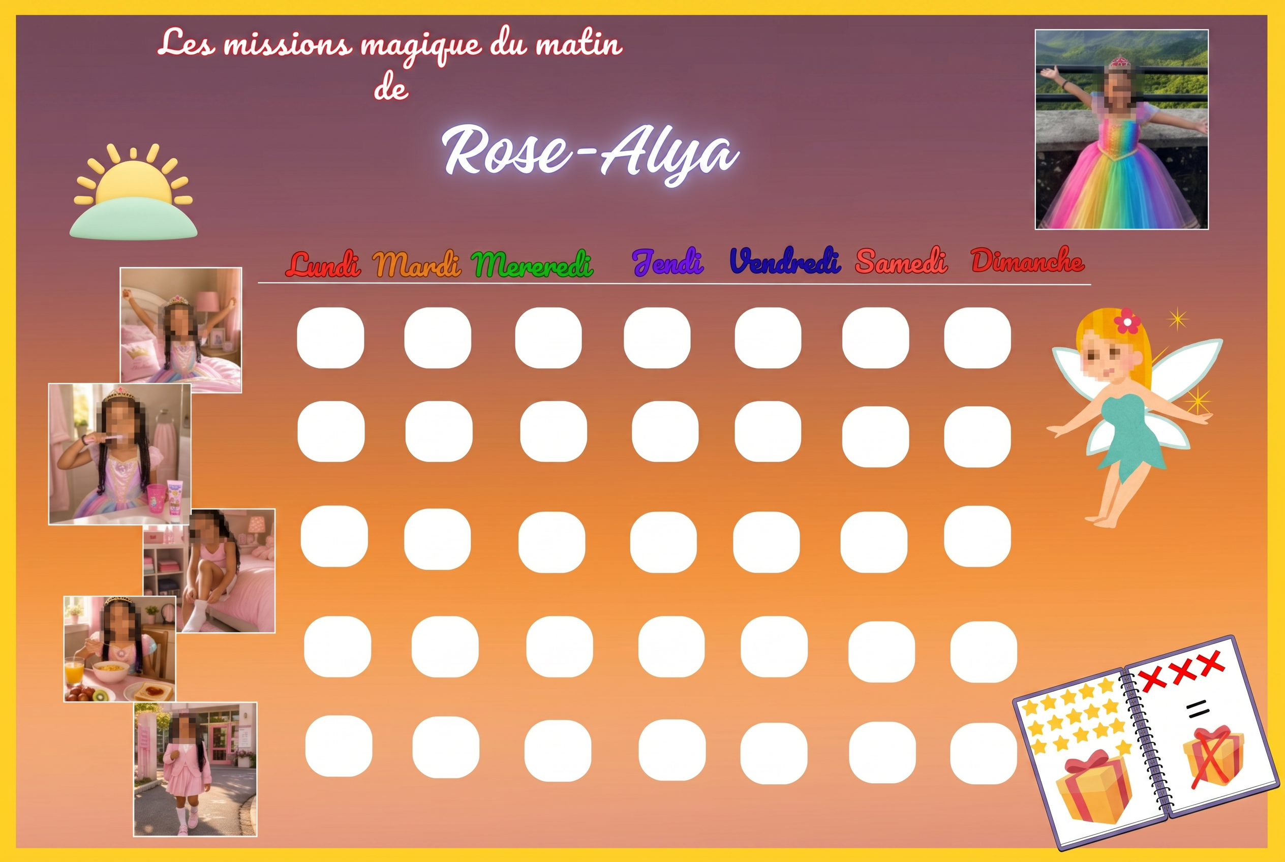 Programme magique du matin de Rose-Alya, univers princesse (visages floutés pour confidentialité)